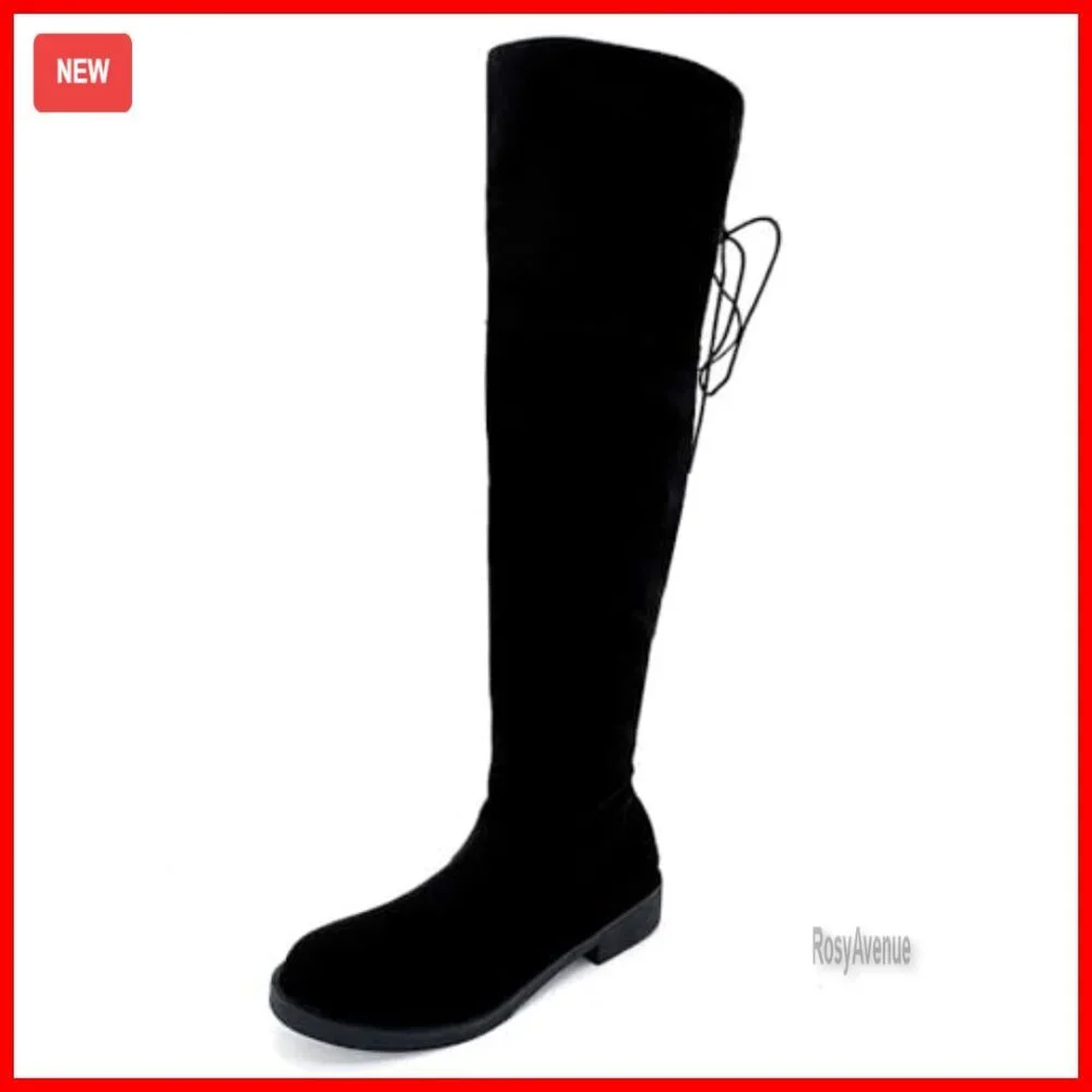 Women's Over the Knee Boots Wide Calf Lace Up Chunky Heel Suede Leather